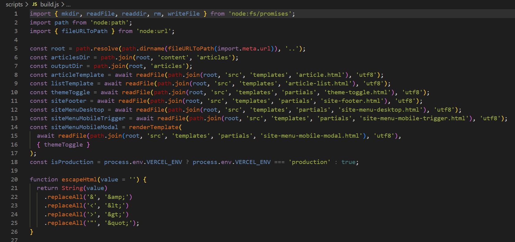 The opening section of build.js in a code editor