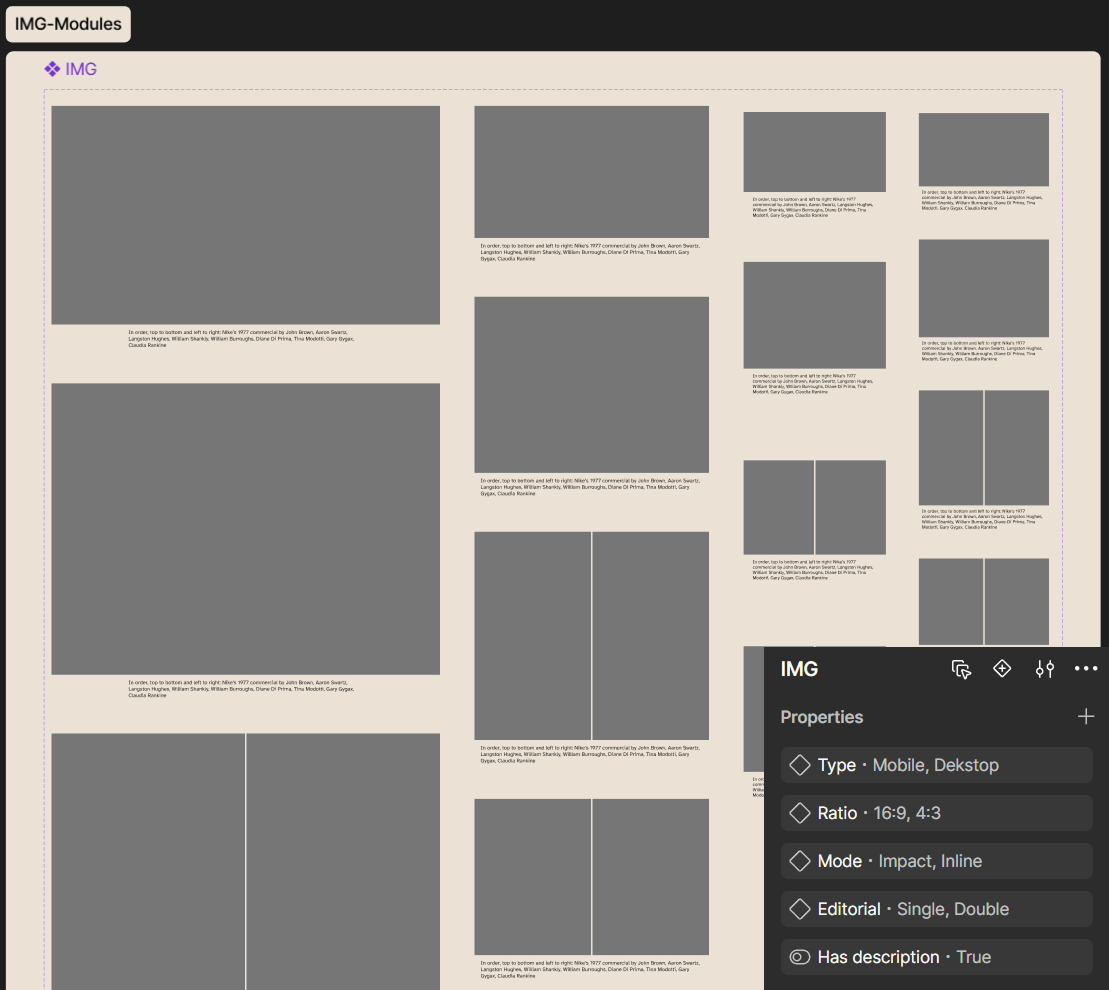 The Image component in Figma, showing its configurable properties: Type, Ratio, Mode, Editorial, and Has Description.