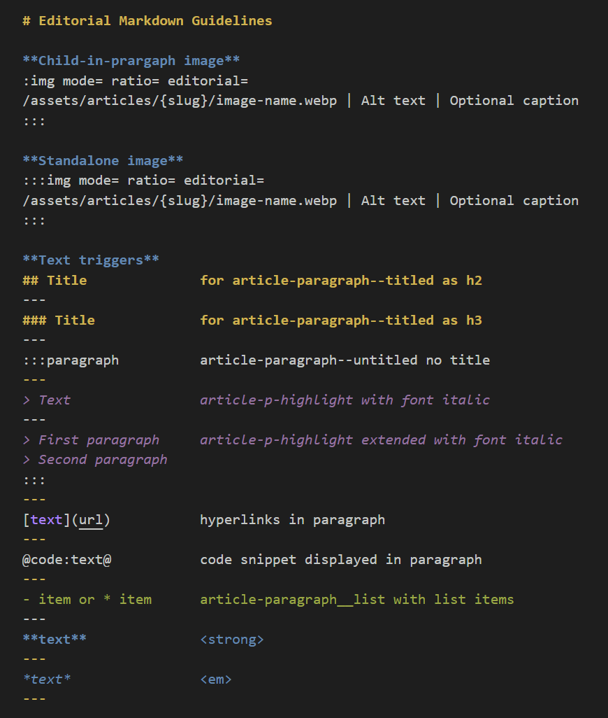 The editorial markdown grammar reference in a code editor